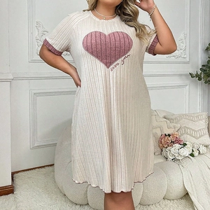 Damen Übergröße Nachthemd Herzmuster Rippstrick Kurzarm Schlafanzug Kleid Kontrastbesatz Rundhals Home Loungewear