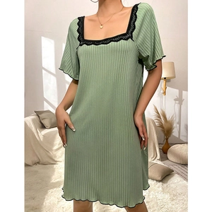 Elegant light green square neck nightdress with black lace trim and ribbed texture fabric