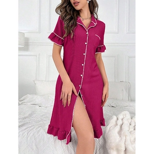 Deep rose red short sleeve button-up nightdress with white piping and ruffle hem