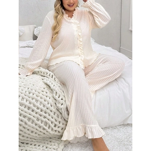 Women's plus size cream ribbed pajamas set with ruffle trim V-neck long sleeve top and pants