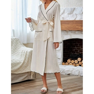 Elegant cream contrast lapel bathrobe with waist-tie and ruffled long sleeves