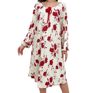 Elegant floral print long sleeve sleepwear dress with round neck and red bow tie
