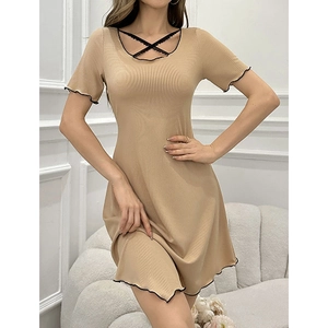 Slim khaki ribbed summer lounge dress with lace-up neckline and contrast wave hem