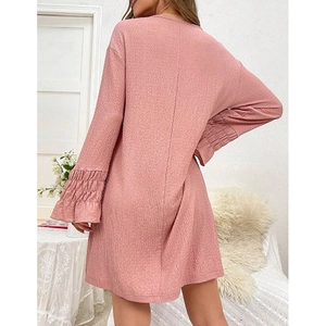 Pink crewneck loose long-sleeve nightdress with smocked ruffle cuffs in a cozy knit fabric
