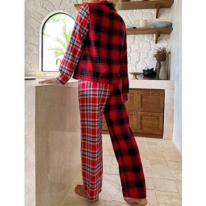 Women's autumn plaid pajama set featuring long-sleeve lapel top and asymmetric trousers