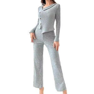 Elegant light gray ribbed knit loungewear set with V-neck long sleeve top and straight pants