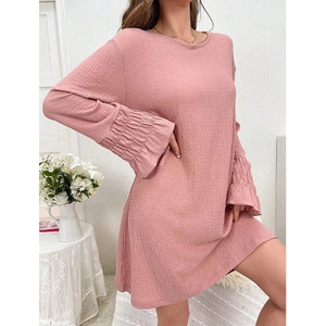 Pink crew neck long sleeve dress with ruffle cuffs and textured fabric casual nightgown