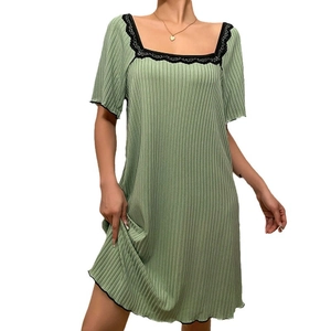 Short sleeve light green ribbed sleepwear dress with black lace trim and square neckline