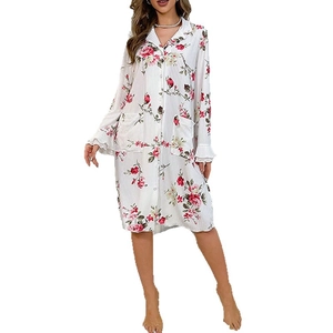 Women's floral long sleeve sleepwear dress with red roses, button-down front, and lapel