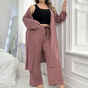Women Plus Size Ribbed Knit Cardigan Tank Top And Wide Leg Pants Loungewear Pajama Top And Bottom