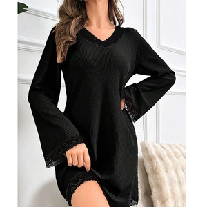 Elegant black ribbed knit sleep dress with V-neckline and delicate lace trim accents