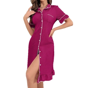 Elegant rose red short sleeve button-down nightdress with white trim and ruffle details