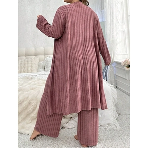 Three-piece knitted loungewear set with camisole and wide-leg trousers in dusty rose color