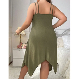 Army green plus size slip dress with irregular hem and double straps back view