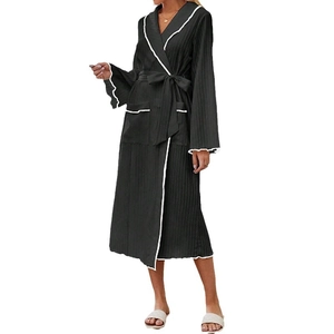 Women's long black robe with white contrast piping and belted waist for loungewear