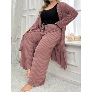 Elegant 3-piece ribbed knit pajama set with long cardigan and wide-leg pants in soft pink