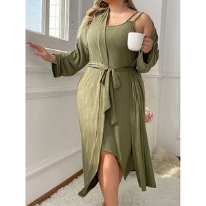 Plus size two-piece sleepwear set with olive green slip dress and long sleeve cardigan