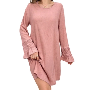 Loose dusty pink crew neck nightdress with unique pleated flared sleeves for casual wear