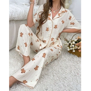 Damen Schlafanzug Kurzarm Top Und Lange Hose Baumwollmischung Cartoon Bären Print Revers Geknöpft Nachtwäsche Loungewear