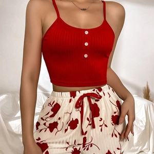 Red ribbed camisole and white floral print shorts two-piece summer loungewear set for women