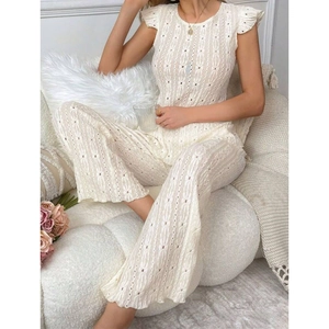 Elegant beige hollow out eyelet lounge set with ruffle short sleeves and wide leg pants