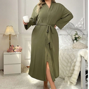 Chic olive green long sleeve lounge robe with adjustable tie waist and elegant V-neck design