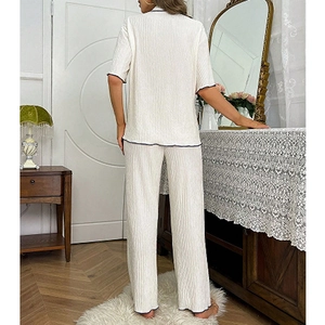Pleated short sleeve pajama set for women in cream white with navy contrast piping