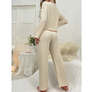 Women's pleated long-sleeved pajama set with contrast red wave trim in beige