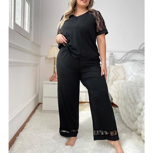 Women's plus size two-piece pajama set with lace patchwork v-neck and wide leg pants