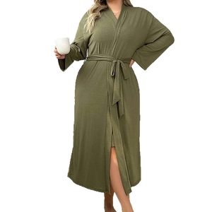 Army green long-sleeved robe for women featuring a kimono V-neck and self-tie waist belt