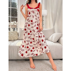 Camicia da notte senza maniche bianca a fiori con scollo a balze rosse per casa da donna