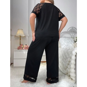 Women's plus size black V-neck pajama set with lace patchwork and loose wide-leg pants
