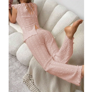 Pink eyelet lace two-piece pajama set with back tie-up top and matching trousers