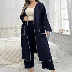 Three-piece plus size navy loungewear set with cardigan, tank top and wide-leg pants