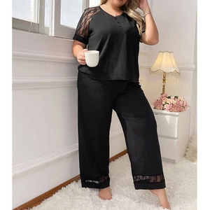 Women black lace patchwork V-neck pajama set with short sleeves and loose trousers