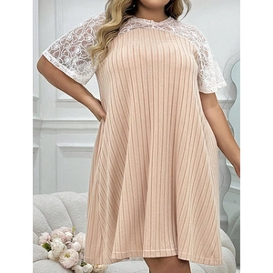 Nuisette Grande Taille Femme Couture Dentelle Motif Coeur Tissu Côte Abricot Été Manches Courtes Ample Vêtement de Détente Maison