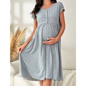 Women Casual Short Sleeve V Neck Button Front Maternity Dress Solid Color Pleated High Waist Nightgown Loose Comfortable Home Wear