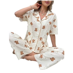 Damen Schlafanzug-Set mit kurzärmligem Oberteil und langer Hose mit Bären-Muster