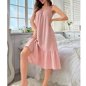 Pink ruffled sleeveless slip dress in ribbed knit fabric for summer loungewear