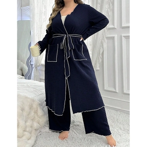 Navy blue three-piece pajamas set with long-sleeved cardigan and wide-leg lounge pants