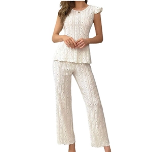 White crochet knit two-piece set for women featuring round neck top and wide leg pants