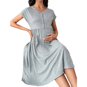 Light grey V-neck short sleeve maternity nightgown with pleated high waist for women