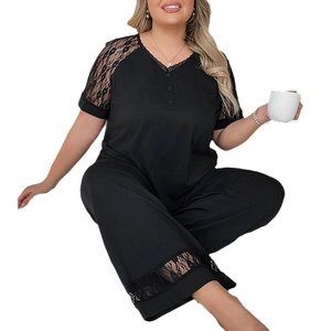 Women's V-neck lace patchwork pajama set with short sleeves and wide-leg pants in black