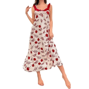 Abito estivo da donna a fiori con stampa rossa e scollatura a balze elegante