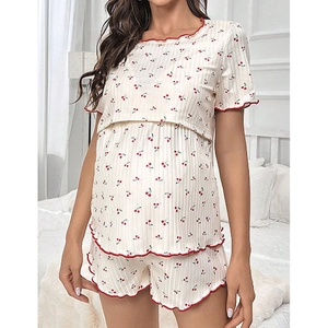 Sweet cherry print maternity pajamas set with nursing access and red wavy trim