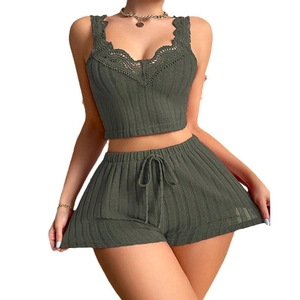 Women's 2-piece loungewear set featuring lace trim knit camisole and drawstring shorts
