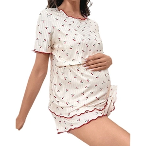 Sweet cherry print maternity pajamas set with short sleeves and breastfeeding function