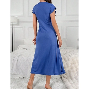 Navy blue lace V-neck short sleeve nightgown with a flowy A-line silhouette for women