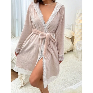 Pink coral fleece hooded bathrobe with lace trim and waist tie for winter comfort