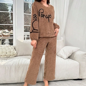 Brown fleece two-piece pajama set with Miss Ponyo print for winter warmth